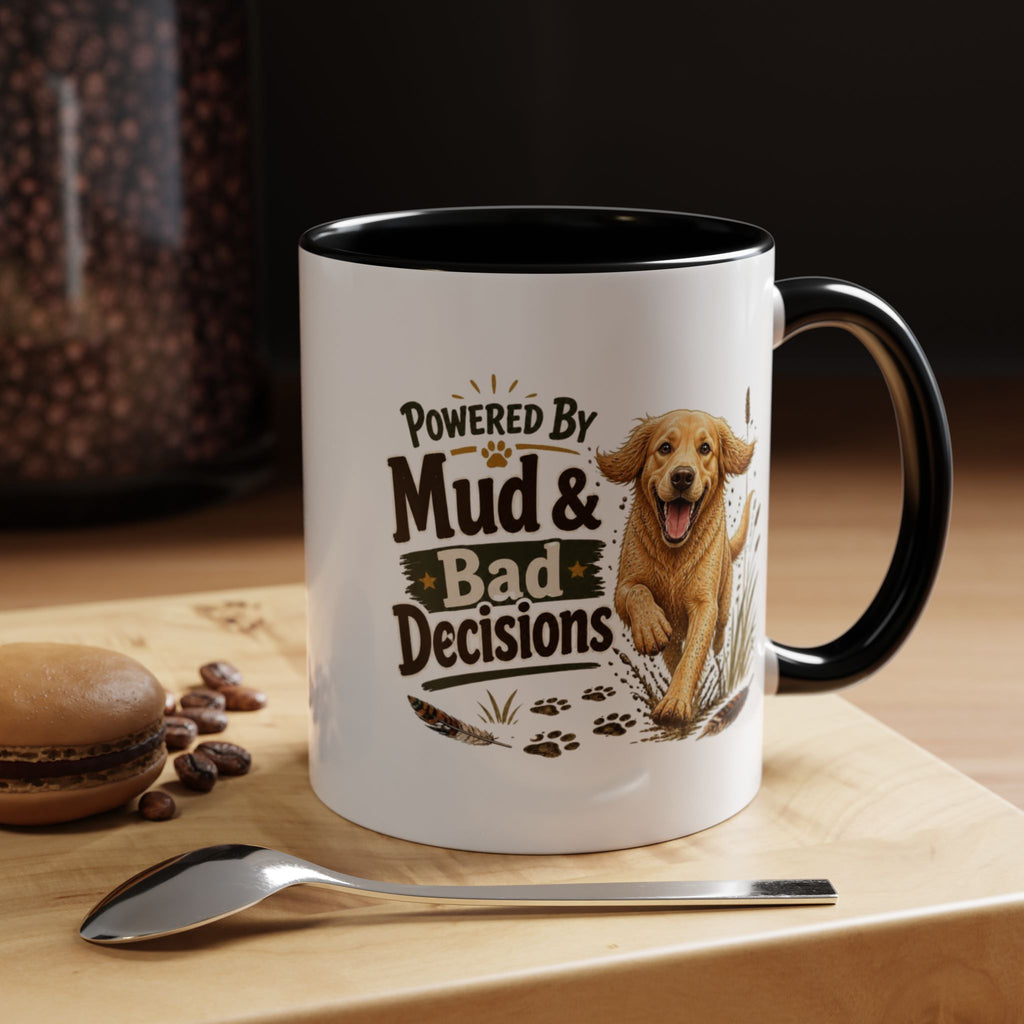 Funny Golden Retriever Mug - Powered By Mud & Bad Decisions, Muddy Dog Owner Gift, Gundog Lover Coffee Mug, 11oz