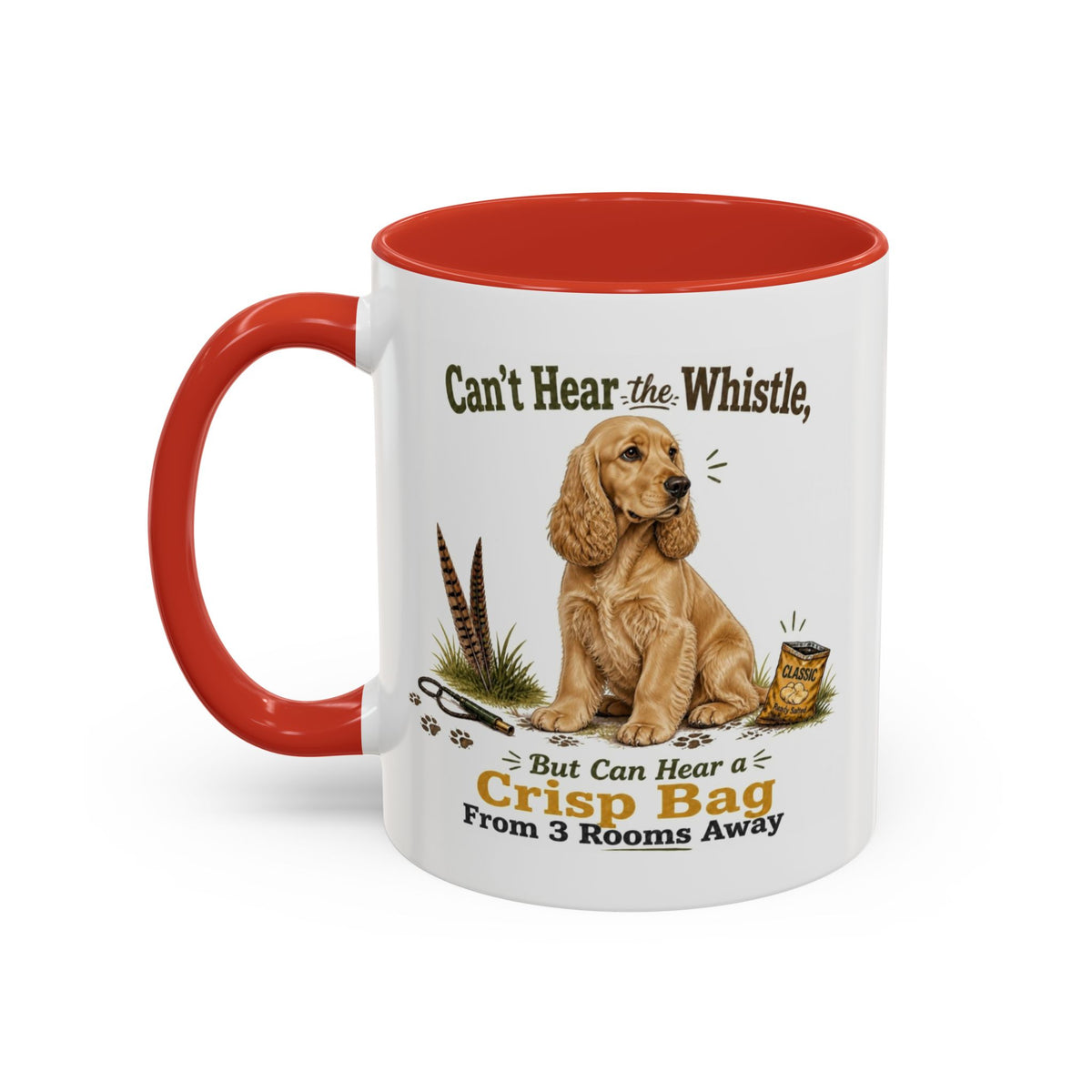 Funny Golden Cocker Spaniel Mug - Can't Hear the Whistle But Can Hear a Crisp Bag, Working Gun Dog Gift, Greedy Dog Mug, 11oz
