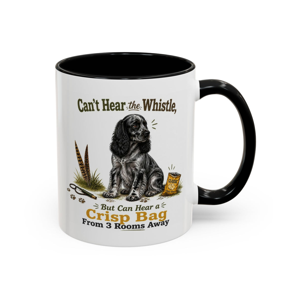 Funny Blue Roan Cocker Spaniel Mug - Can't Hear the Whistle But Can Hear a Crisp Bag, Working Gun Dog Gift, Greedy Dog Mug, 11oz