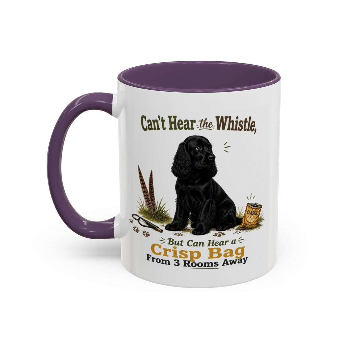 Funny Black Cocker Spaniel Mug - Can't Hear the Whistle But Can Hear a Crisp Bag, Working Gun Dog Gift, Greedy Dog Mug, 11oz