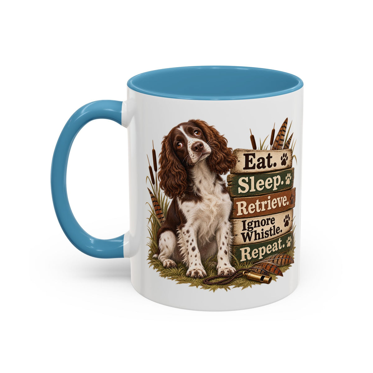 Funny Liver and White Springer Spaniel Mug - Eat Sleep Retrieve Ignore Whistle Repeat, Gundog Gift, Shooting Dog Mug, 11oz
