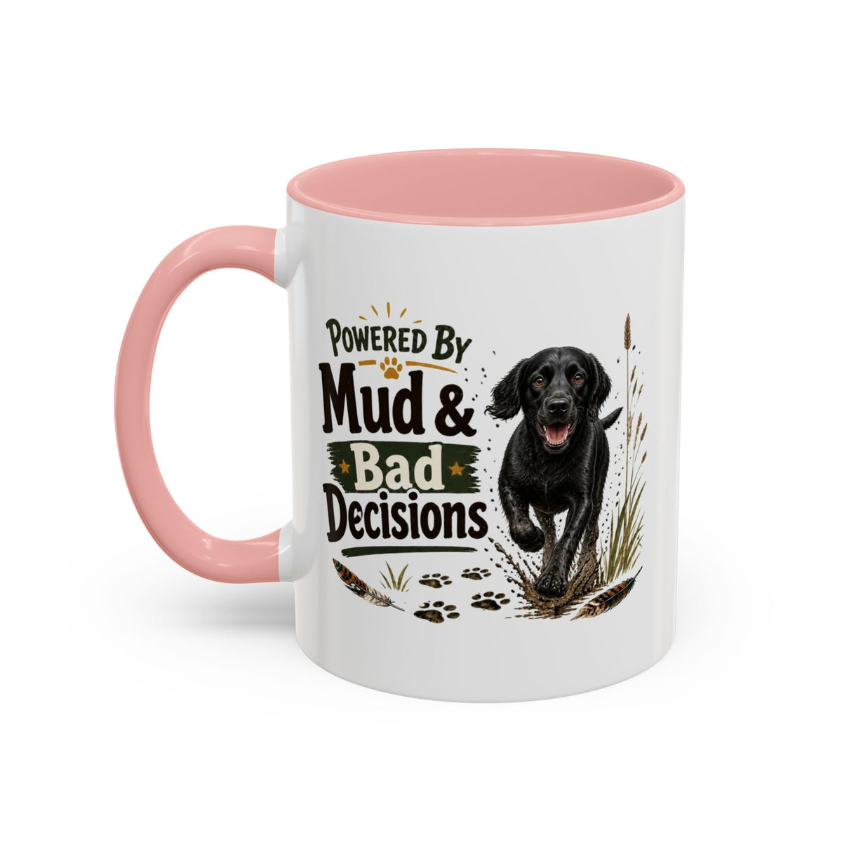 Funny Black Cocker Spaniel Mug - Powered By Mud & Bad Decisions, Muddy Dog Owner Gift, Gundog Lover Coffee Mug, 11oz