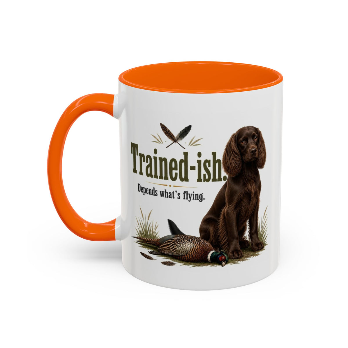 Funny Chocolate Cocker Spaniel Mug - Trained-ish Depends What's Flying, Working Gun Dog Gift, Pheasant Shooting Mug, 11oz