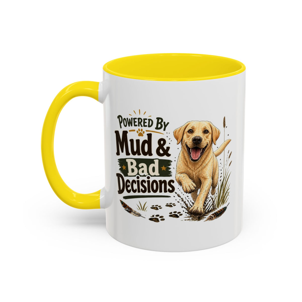 Funny Yellow Labrador Mug - Powered By Mud & Bad Decisions, Muddy Dog Owner Gift, Gundog Lover Coffee Mug, 11oz