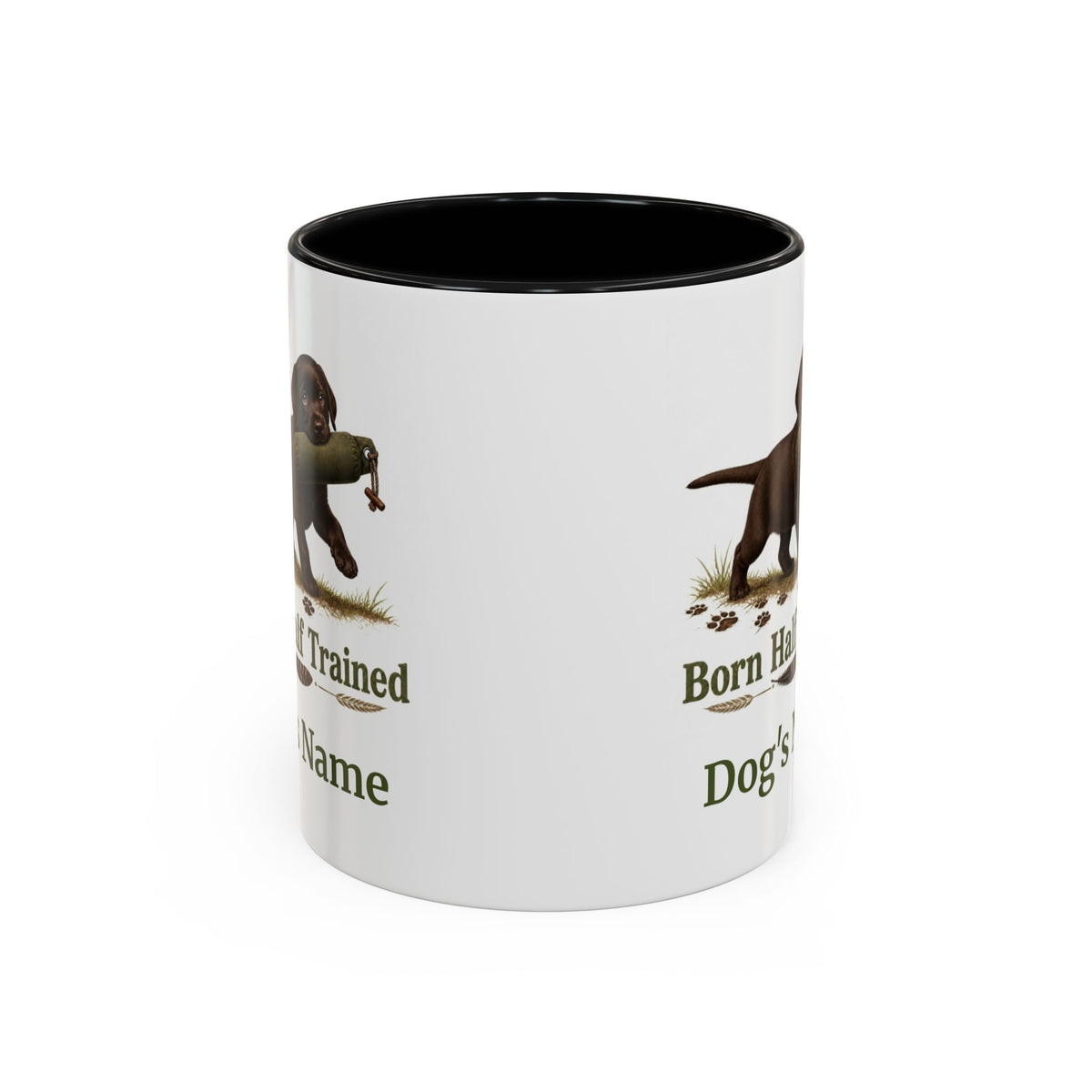 Personalised Chocolate Labrador Puppy Mug - Born Half Trained - Custom Dog Name, Training Dummy Gun Dog Gift, 11oz
