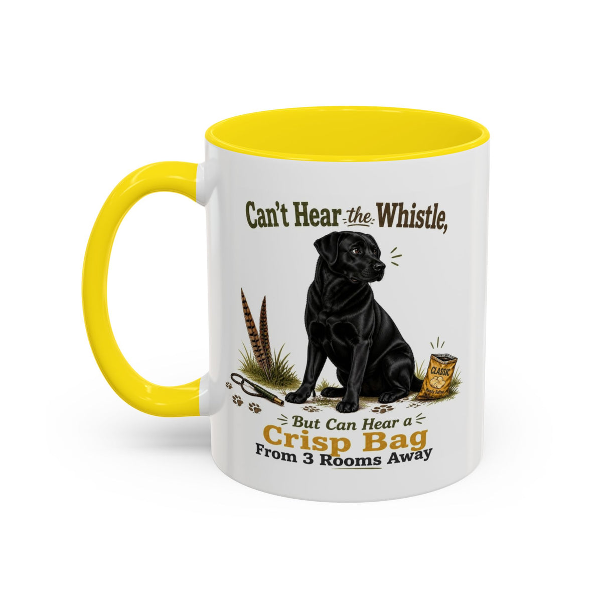 Funny Black Labrador Mug - Can't Hear the Whistle But Can Hear a Crisp Bag, Working Gun Dog Gift, Greedy Dog Mug, 11oz