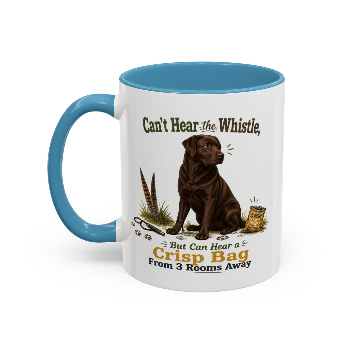 Funny Chocolate Labrador Mug - Can't Hear the Whistle But Can Hear a Crisp Bag, Working Gun Dog Gift, Greedy Dog Mug, 11oz