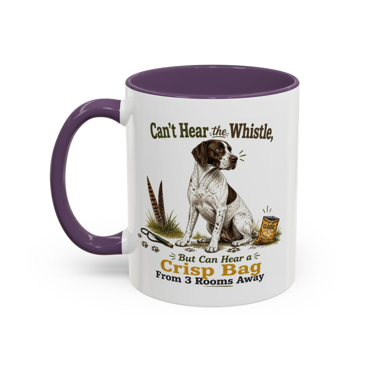 Funny English Pointer Mug - Can't Hear the Whistle But Can Hear a Crisp Bag, Working Gun Dog Gift, Greedy Dog Mug, 11oz