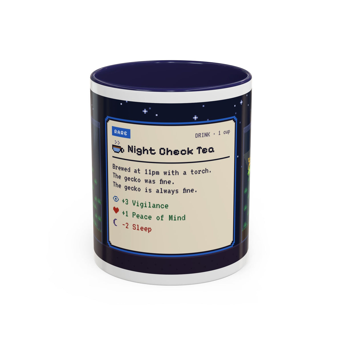 Night Check Tea pixel art mug, 11oz ceramic with coloured handle – view 3