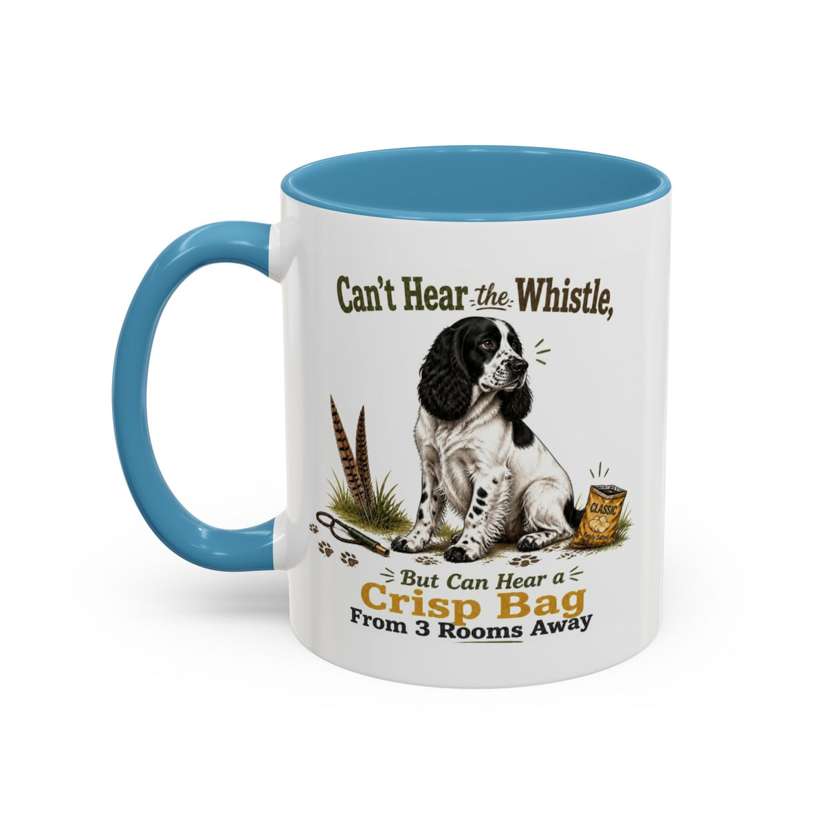 Funny Black and White Springer Spaniel Mug - Can't Hear the Whistle But Can Hear a Crisp Bag, Working Gun Dog Gift, Greedy Dog Mug, 11oz