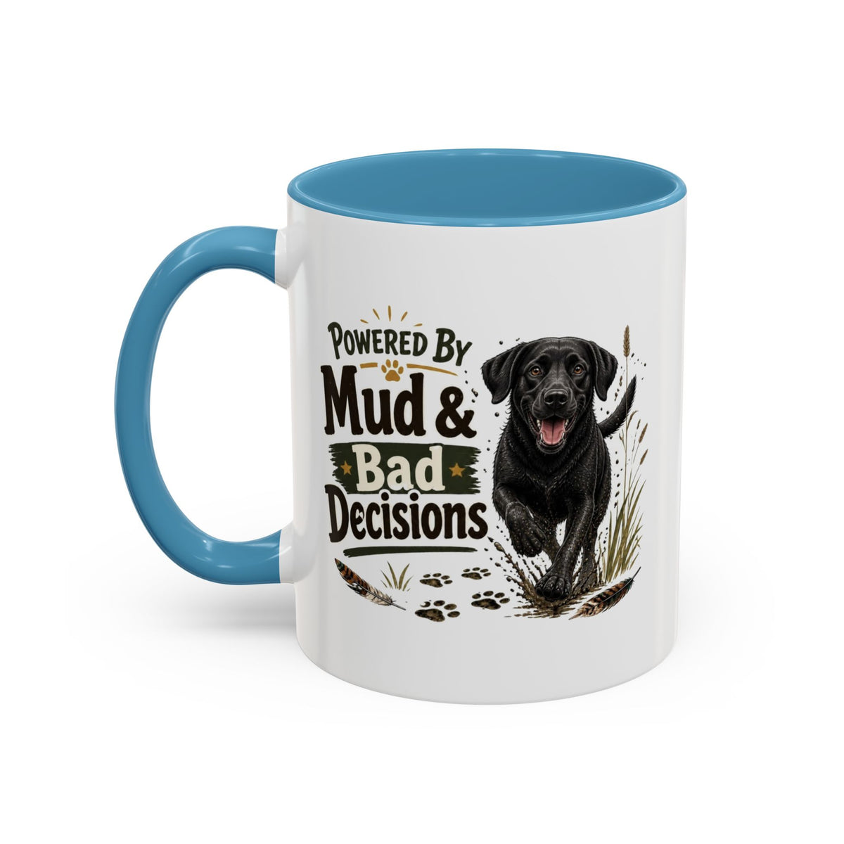 Funny Black Labrador Mug - Powered By Mud & Bad Decisions, Muddy Dog Owner Gift, Gundog Lover Coffee Mug, 11oz
