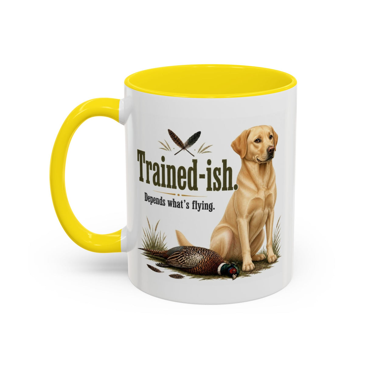Funny Yellow Labrador Mug - Trained-ish Depends What's Flying, Working Gun Dog Gift, Pheasant Shooting Mug, 11oz