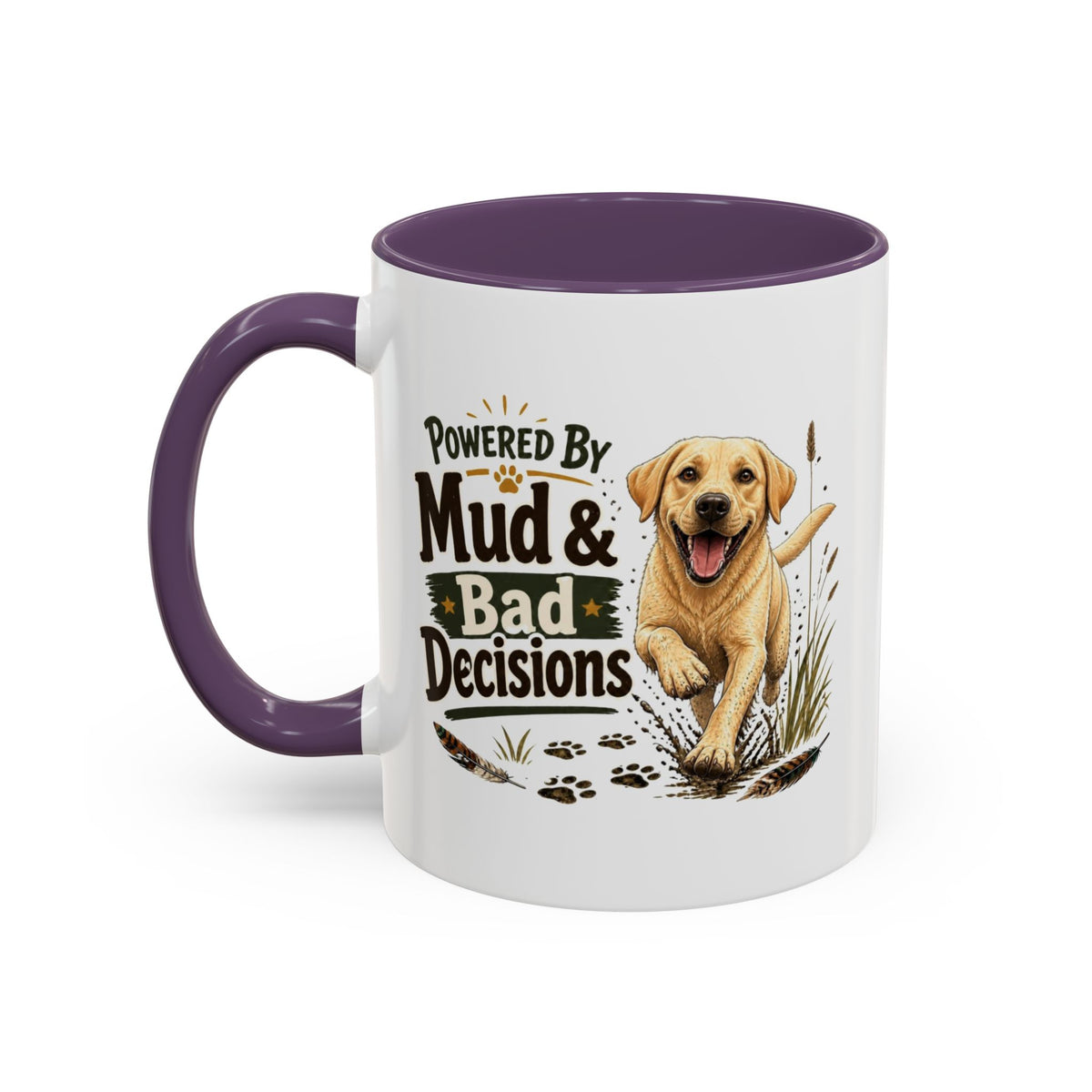 Funny Yellow Labrador Mug - Powered By Mud & Bad Decisions, Muddy Dog Owner Gift, Gundog Lover Coffee Mug, 11oz