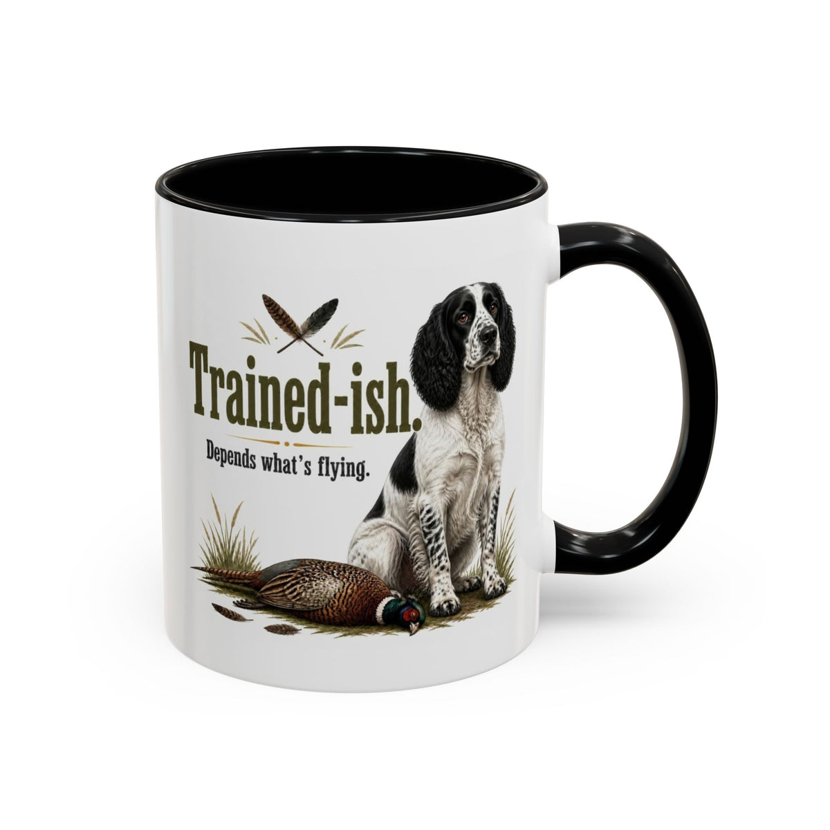 Funny Black and White Springer Spaniel Mug - Trained-ish Depends What's Flying, Working Gun Dog Gift, Pheasant Shooting Mug, 11oz