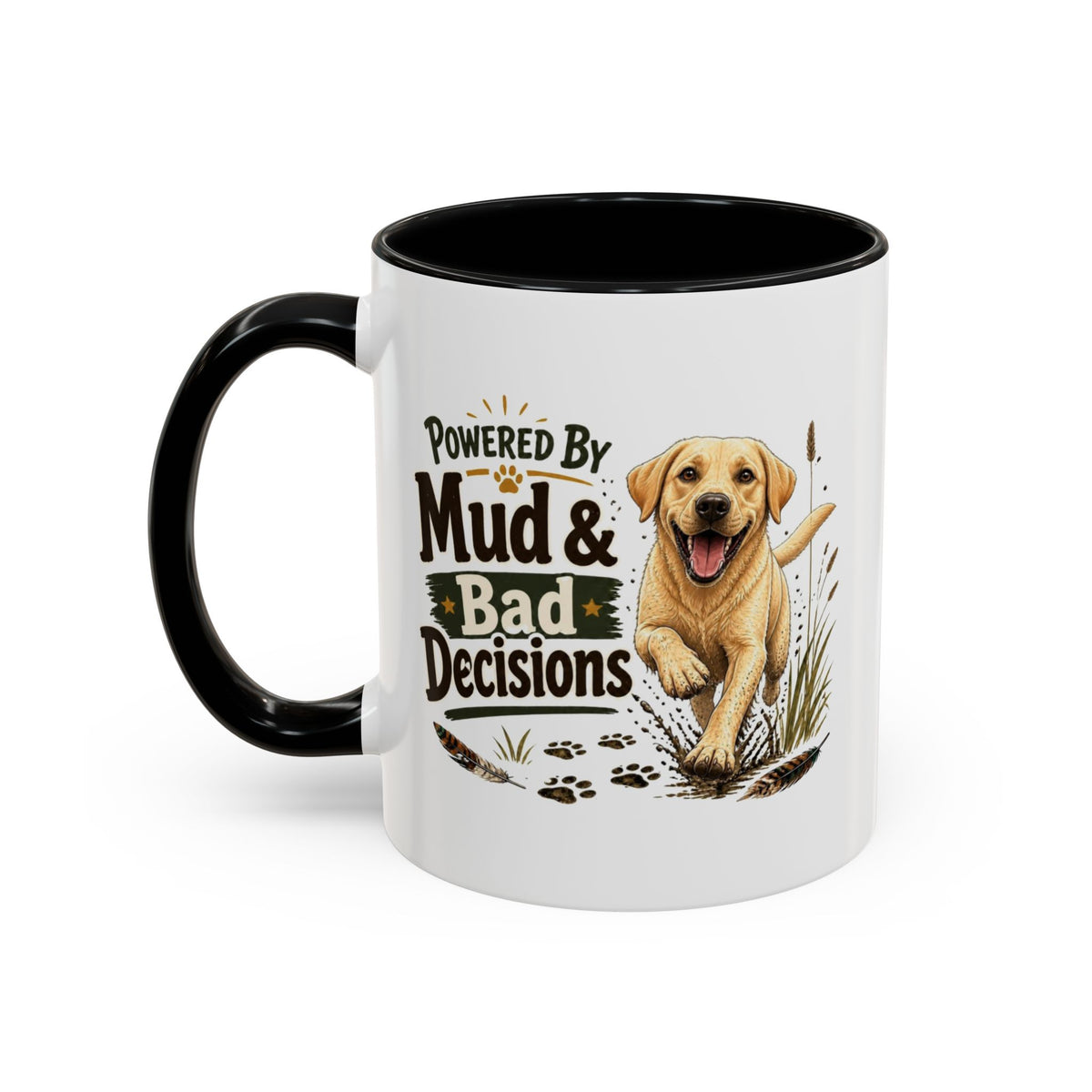 Funny Yellow Labrador Mug - Powered By Mud & Bad Decisions, Muddy Dog Owner Gift, Gundog Lover Coffee Mug, 11oz