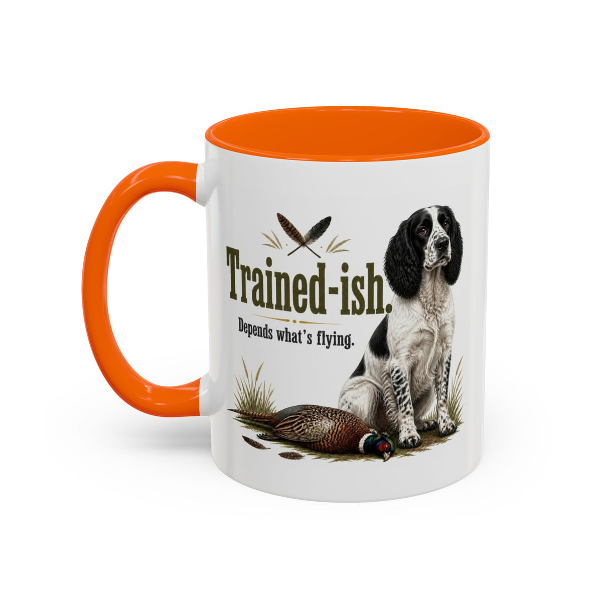 Funny Black and White Springer Spaniel Mug - Trained-ish Depends What's Flying, Working Gun Dog Gift, Pheasant Shooting Mug, 11oz