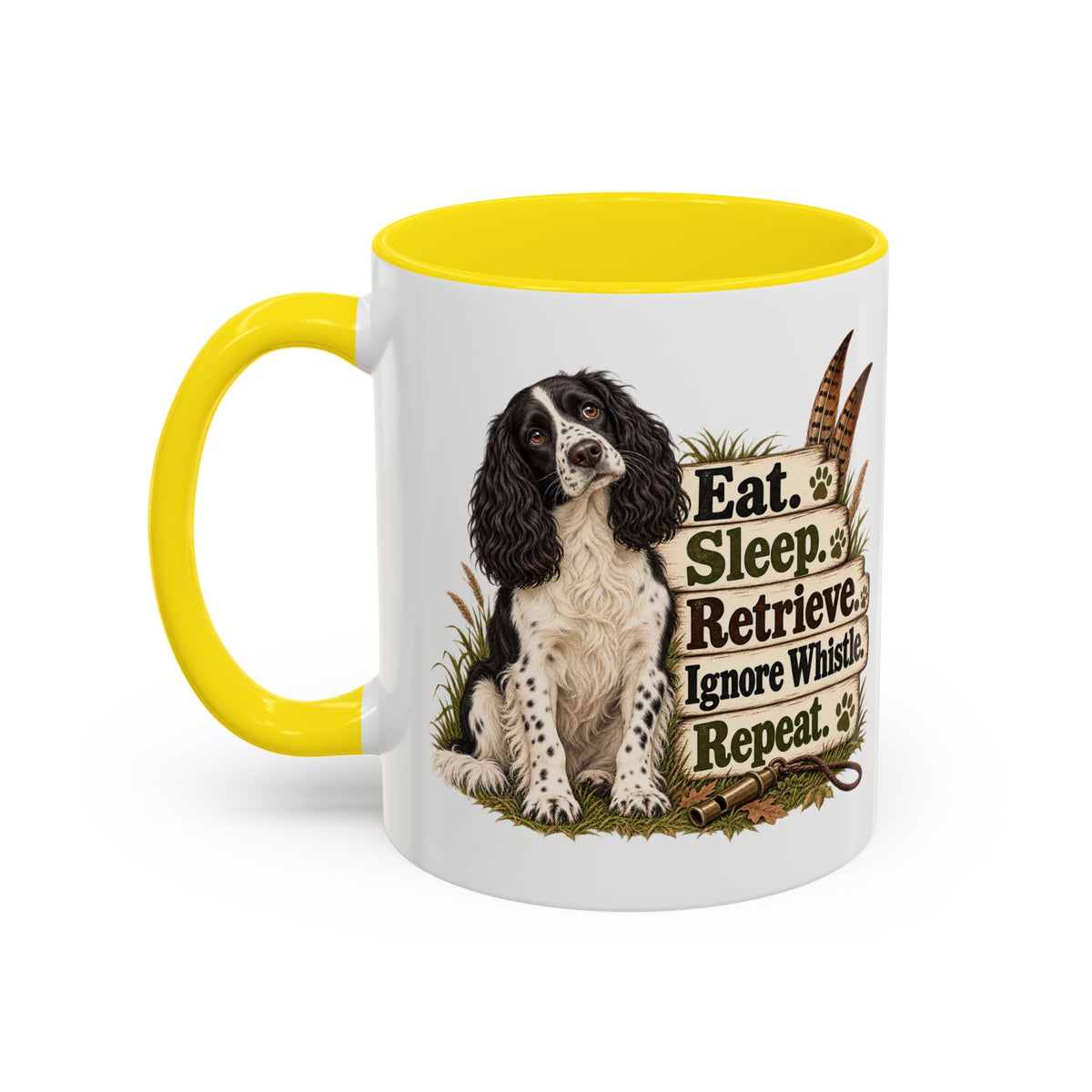 Funny Black and White Springer Spaniel Mug - Eat Sleep Retrieve Ignore Whistle Repeat, Gundog Gift, Shooting Dog Mug, 11oz