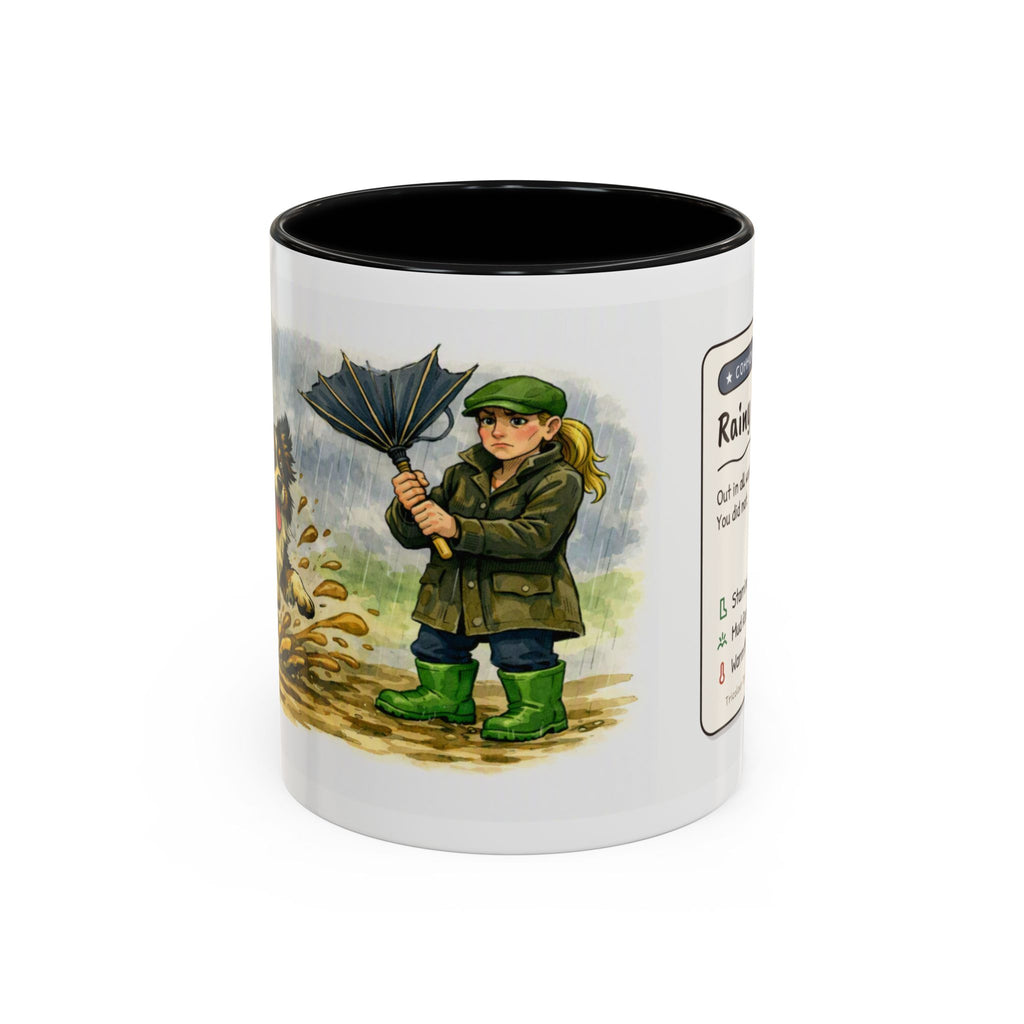 Rainy Walk Tea mug, woman with tri-colour dog on a muddy rainy walk – view 2