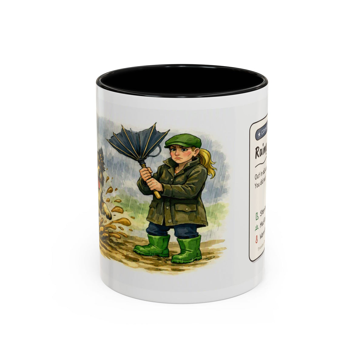 Rainy Walk Tea mug, woman with tri-colour dog on a muddy rainy walk – view 2