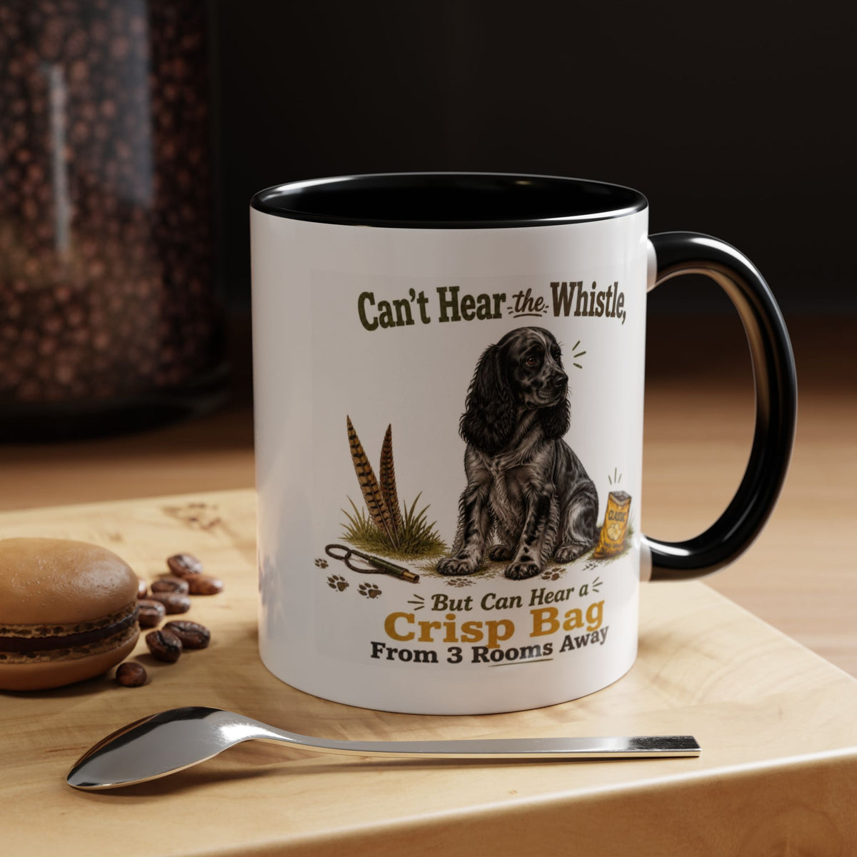 Funny Blue Roan Cocker Spaniel Mug - Can't Hear the Whistle But Can Hear a Crisp Bag, Working Gun Dog Gift, Greedy Dog Mug, 11oz