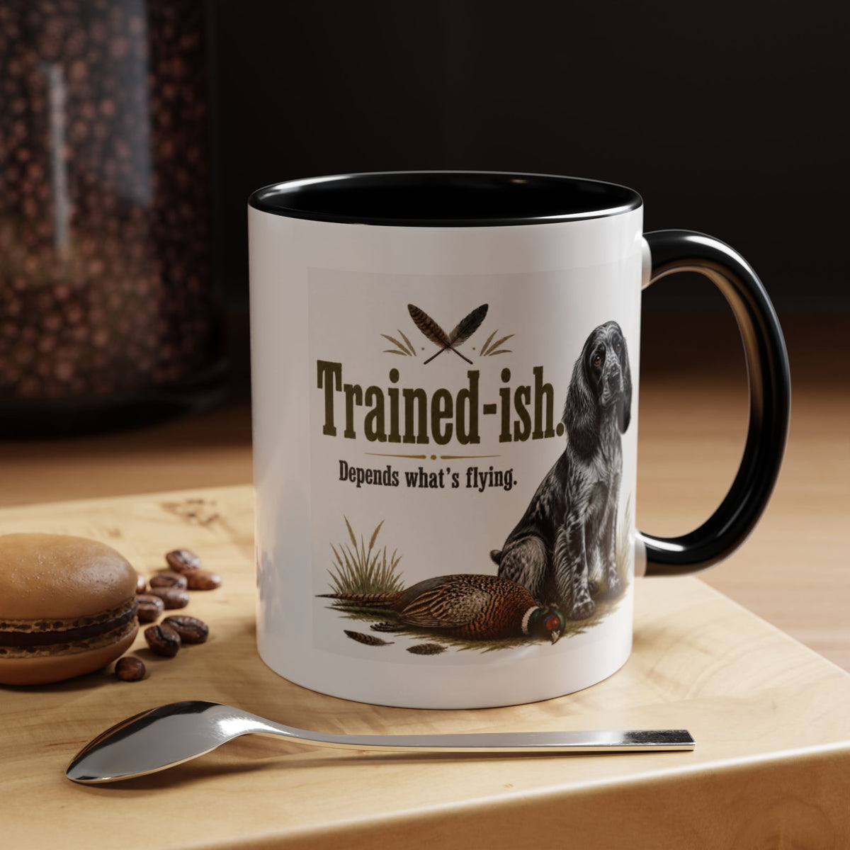 Funny Blue Roan Cocker Spaniel Mug - Trained-ish Depends What's Flying, Working Gun Dog Gift, Pheasant Shooting Mug, 11oz