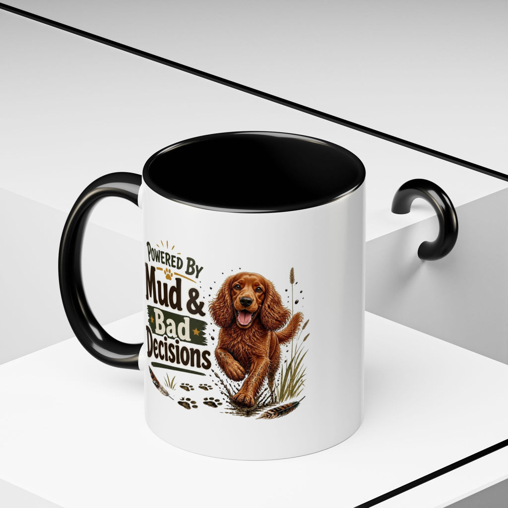 Funny Red Cocker Spaniel Mug - Powered By Mud & Bad Decisions, Muddy Dog Owner Gift, Gundog Lover Coffee Mug, 11oz