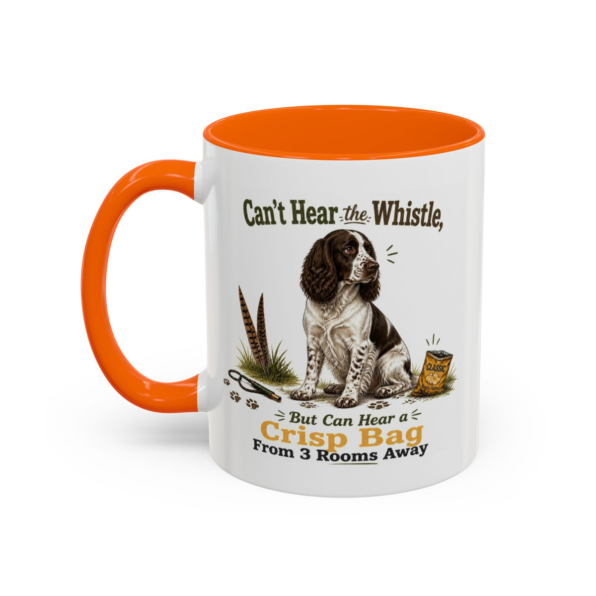 Funny Liver and White Springer Spaniel Mug - Can't Hear the Whistle But Can Hear a Crisp Bag, Working Gun Dog Gift, Greedy Dog Mug, 11oz