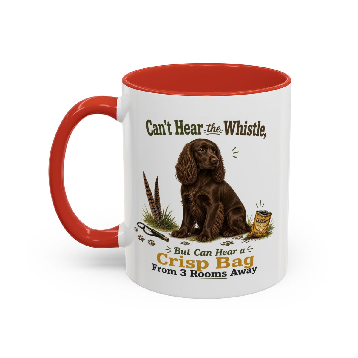 Funny Chocolate Cocker Spaniel Mug - Can't Hear the Whistle But Can Hear a Crisp Bag, Working Gun Dog Gift, Greedy Dog Mug, 11oz