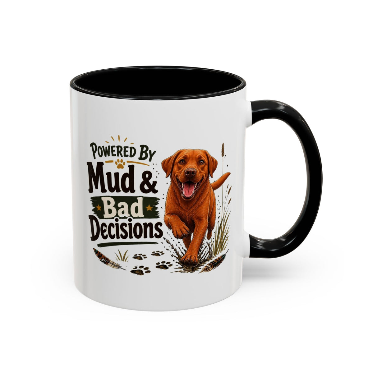 Funny Fox Red Labrador Mug - Powered By Mud & Bad Decisions, Muddy Dog Owner Gift, Gundog Lover Coffee Mug, 11oz