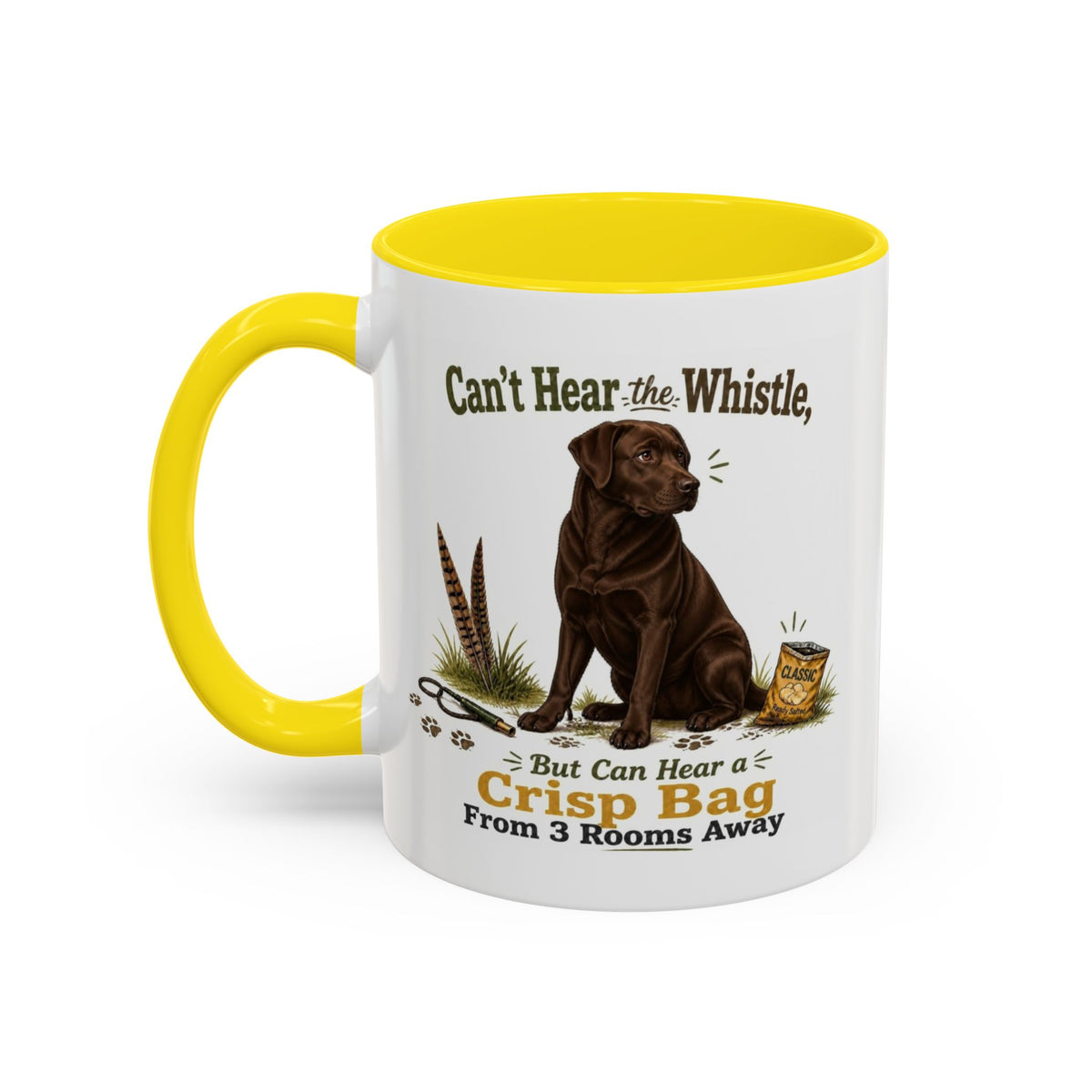 Funny Chocolate Labrador Mug - Can't Hear the Whistle But Can Hear a Crisp Bag, Working Gun Dog Gift, Greedy Dog Mug, 11oz