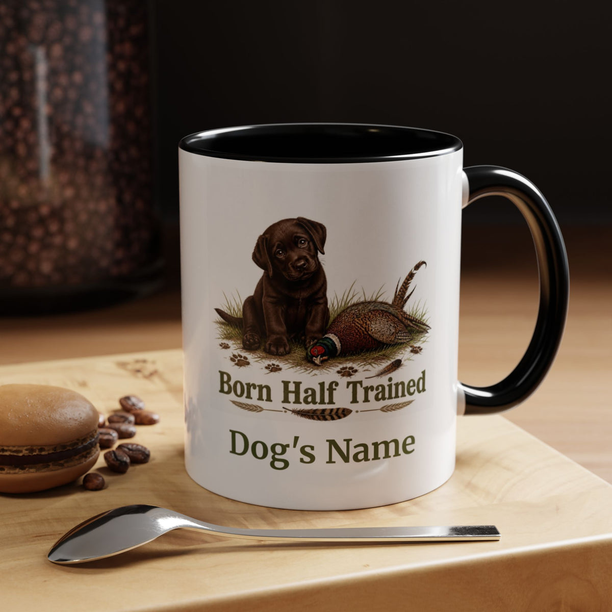 Personalised Chocolate Labrador Puppy Mug - Born Half Trained - Custom Dog Name, Pheasant Gun Dog Gift, 11oz