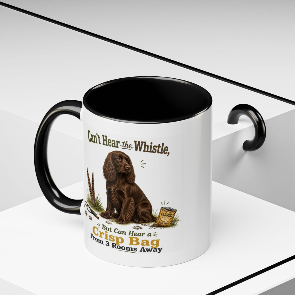Funny Chocolate Cocker Spaniel Mug - Can't Hear the Whistle But Can Hear a Crisp Bag, Working Gun Dog Gift, Greedy Dog Mug, 11oz