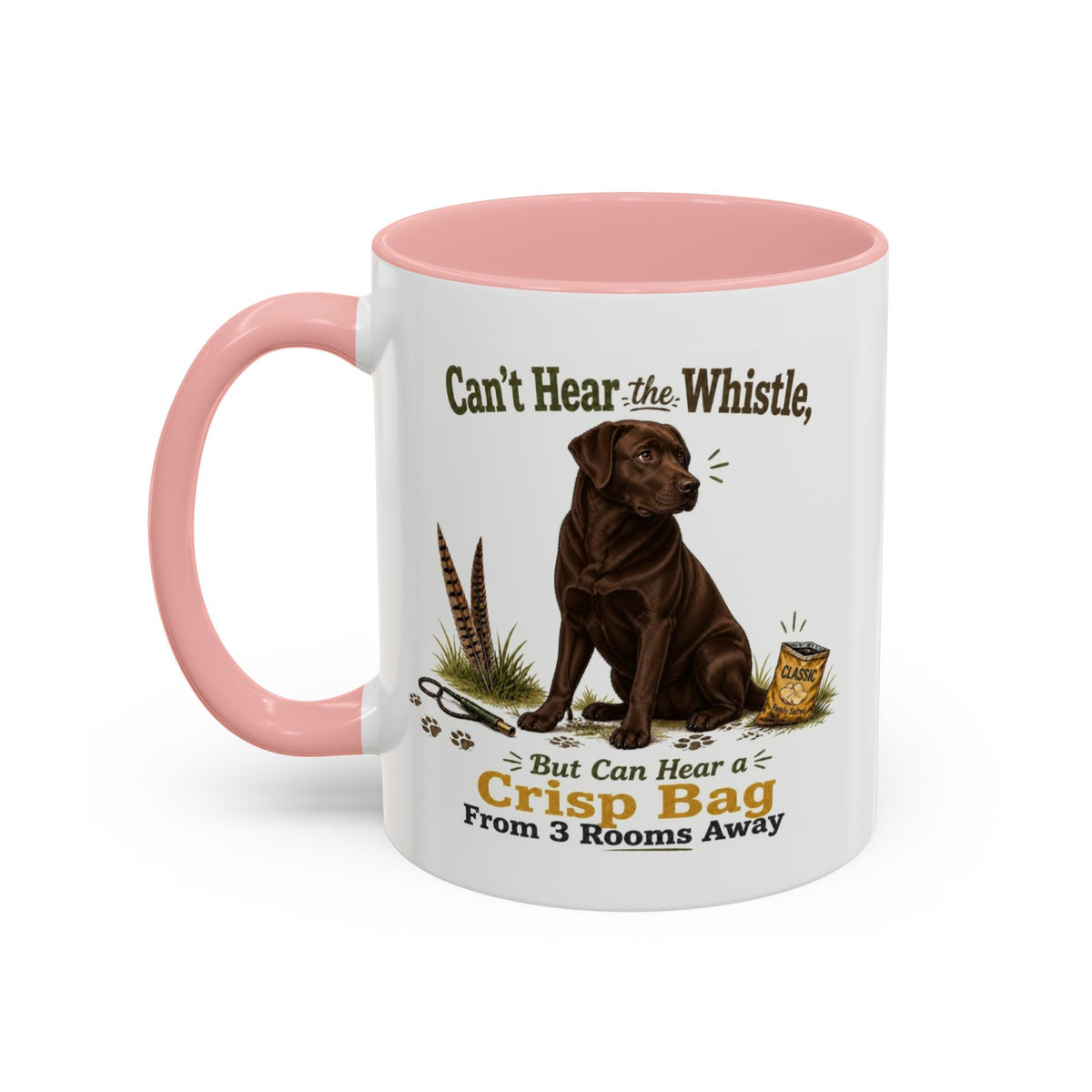 Funny Chocolate Labrador Mug - Can't Hear the Whistle But Can Hear a Crisp Bag, Working Gun Dog Gift, Greedy Dog Mug, 11oz