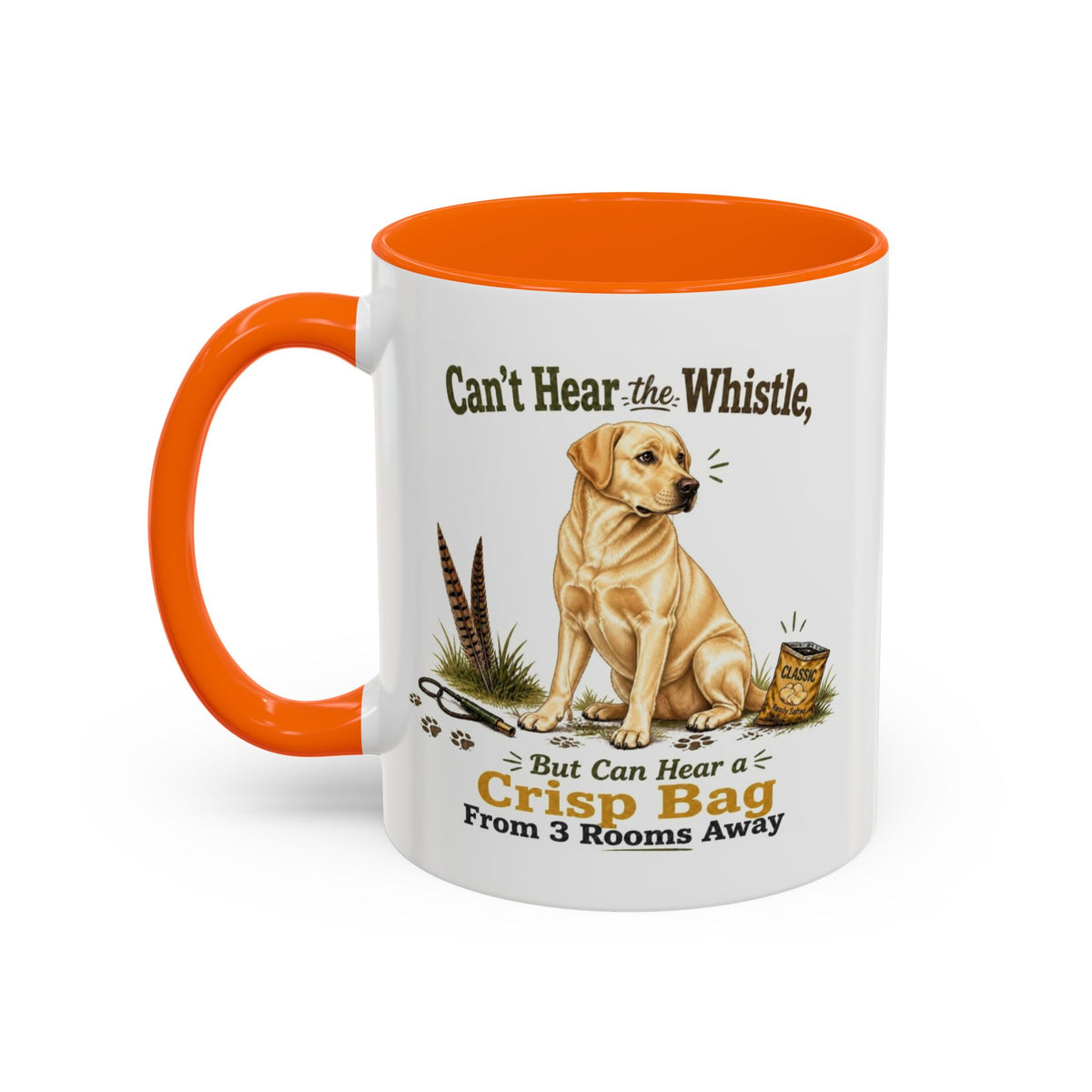 Funny Yellow Labrador Mug - Can't Hear the Whistle But Can Hear a Crisp Bag, Working Gun Dog Gift, Greedy Dog Mug, 11oz
