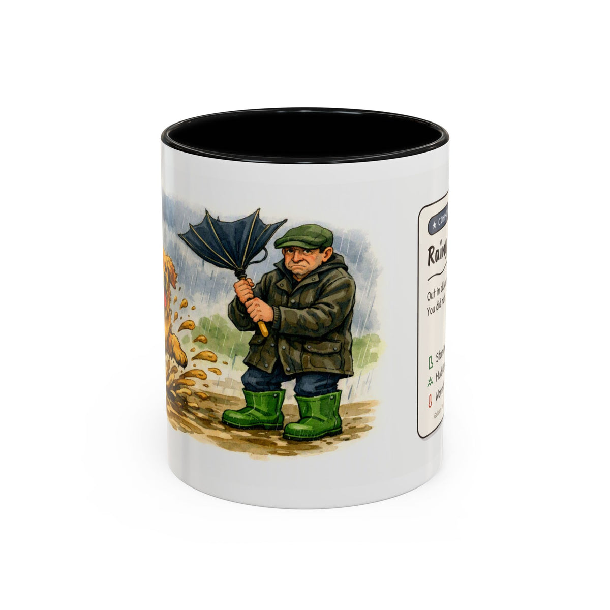 Rainy Walk Tea mug, man with golden dog on a muddy rainy walk – view 1