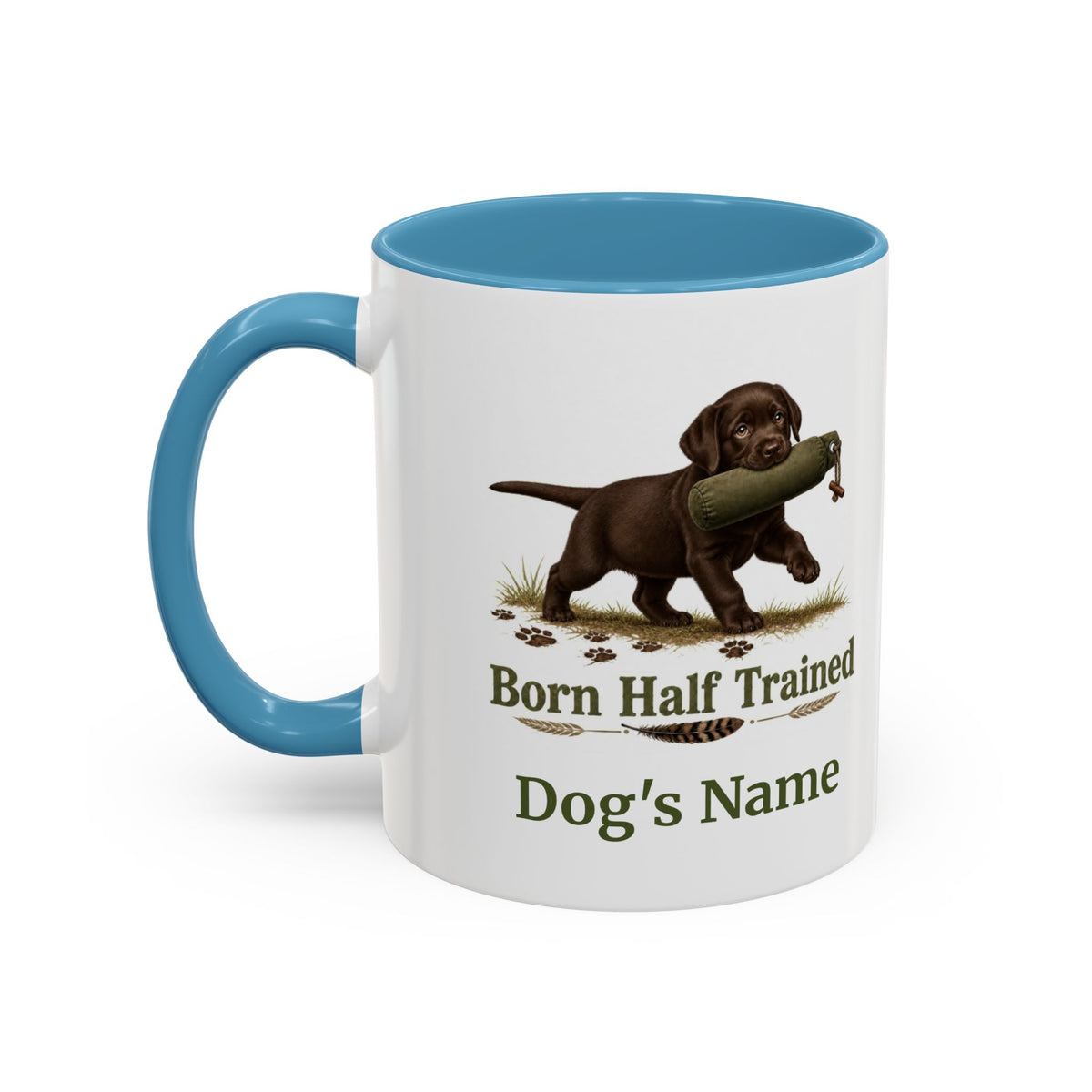 Personalised Chocolate Labrador Puppy Mug - Born Half Trained - Custom Dog Name, Training Dummy Gun Dog Gift, 11oz