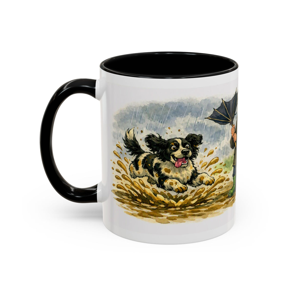 Rainy Walk Tea mug, woman in wellies with black and white dog – view 6
