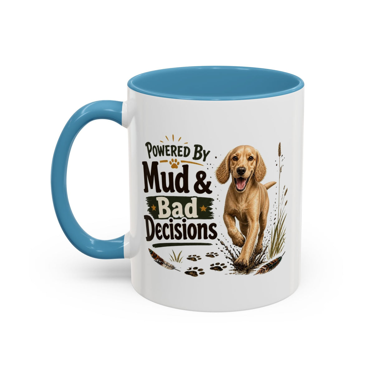 Funny Golden Cocker Spaniel Mug - Powered By Mud & Bad Decisions, Muddy Dog Owner Gift, Gundog Lover Coffee Mug, 11oz