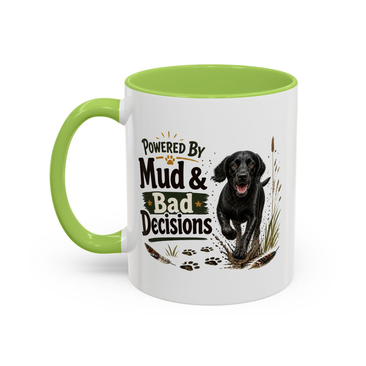 Funny Black Cocker Spaniel Mug - Powered By Mud & Bad Decisions, Muddy Dog Owner Gift, Gundog Lover Coffee Mug, 11oz