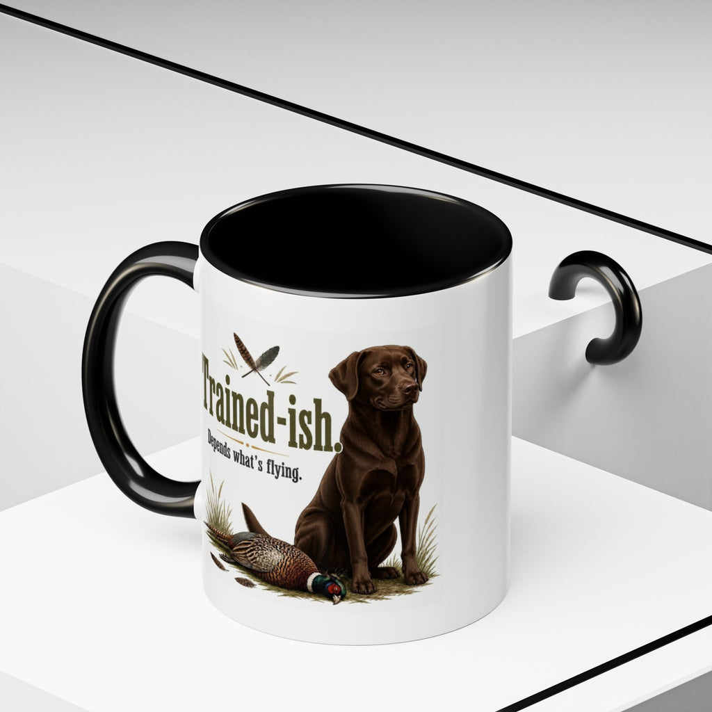 Funny Chocolate Labrador Mug - Trained-ish Depends What's Flying, Working Gun Dog Gift, Pheasant Shooting Mug, 11oz