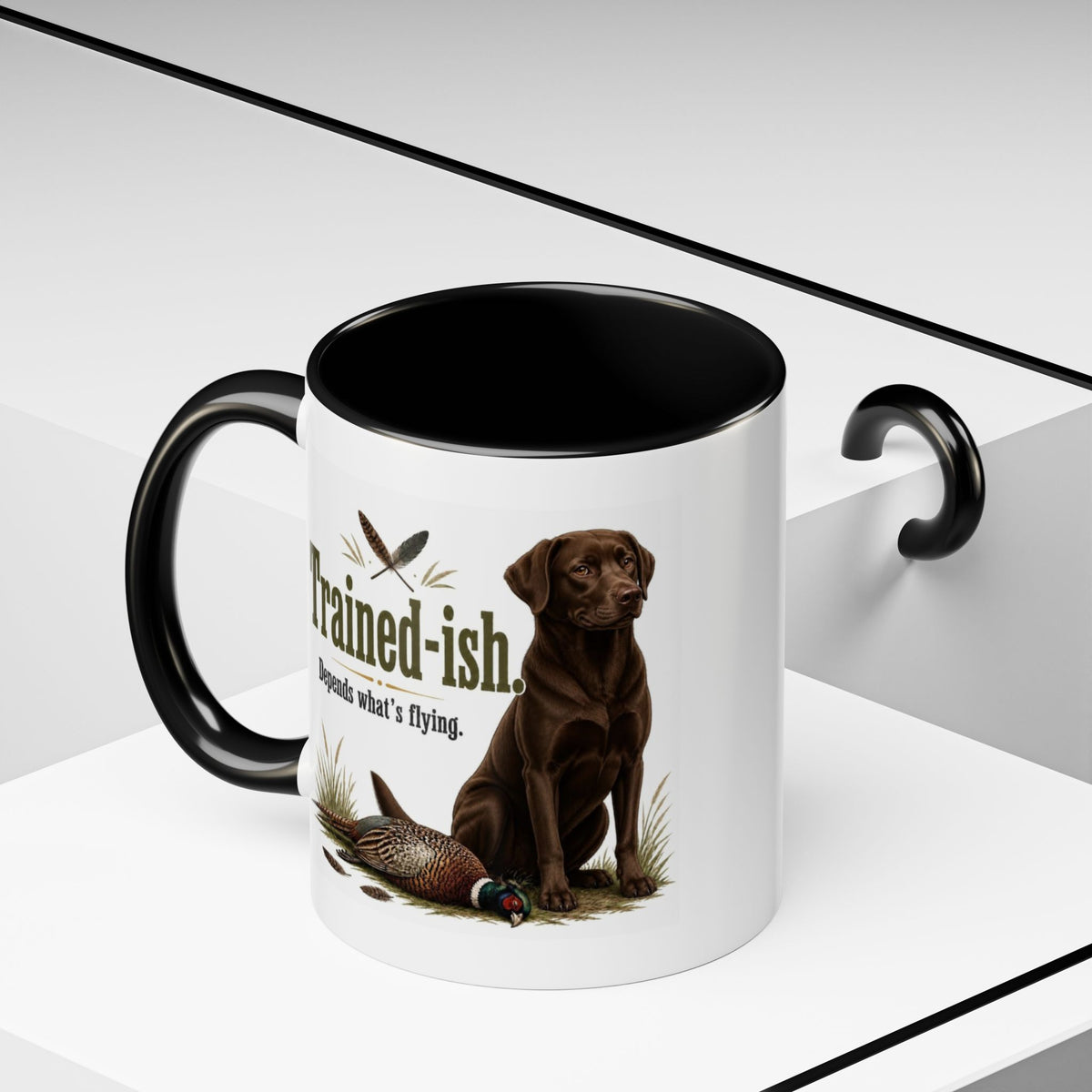 Funny Chocolate Labrador Mug - Trained-ish Depends What's Flying, Working Gun Dog Gift, Pheasant Shooting Mug, 11oz