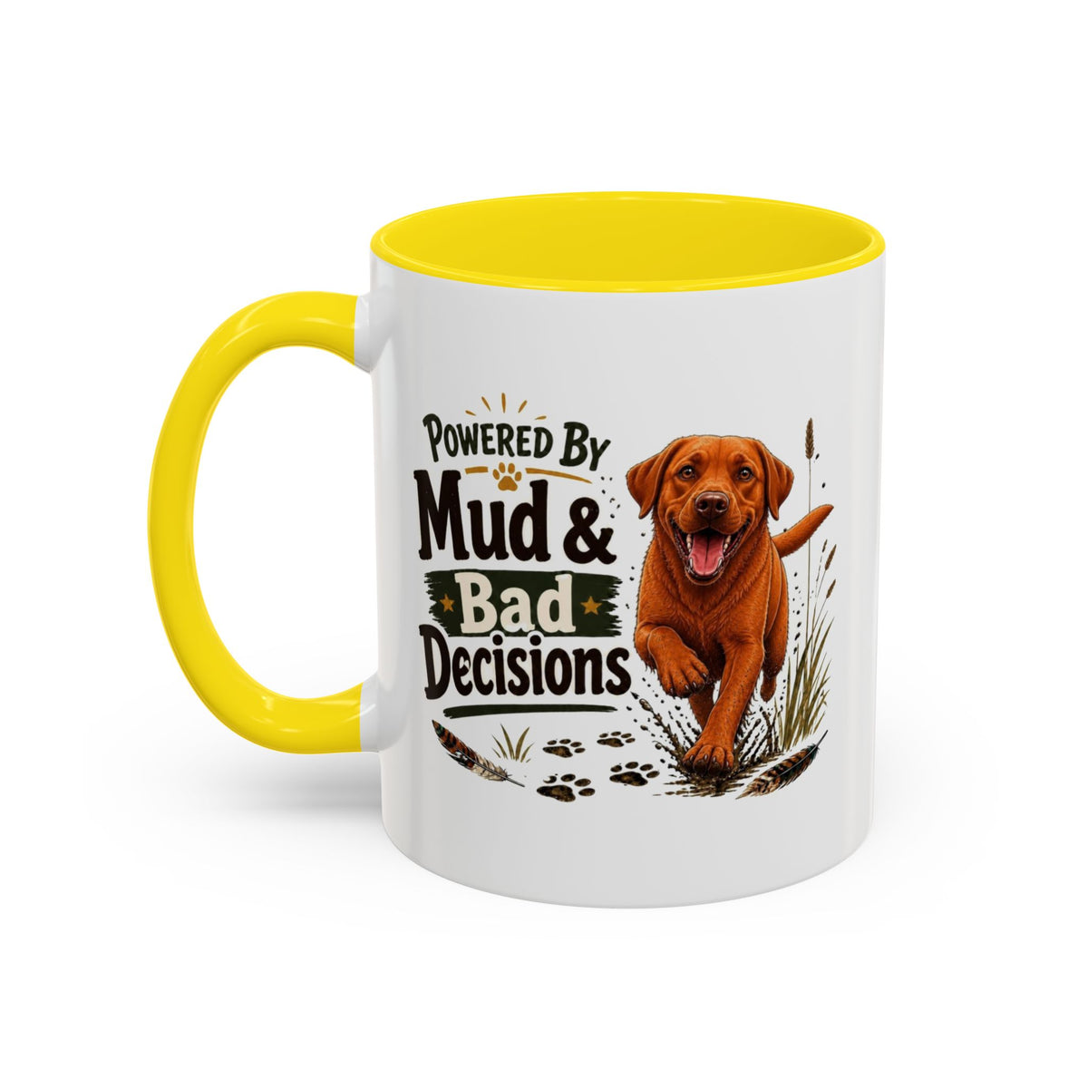 Funny Fox Red Labrador Mug - Powered By Mud & Bad Decisions, Muddy Dog Owner Gift, Gundog Lover Coffee Mug, 11oz