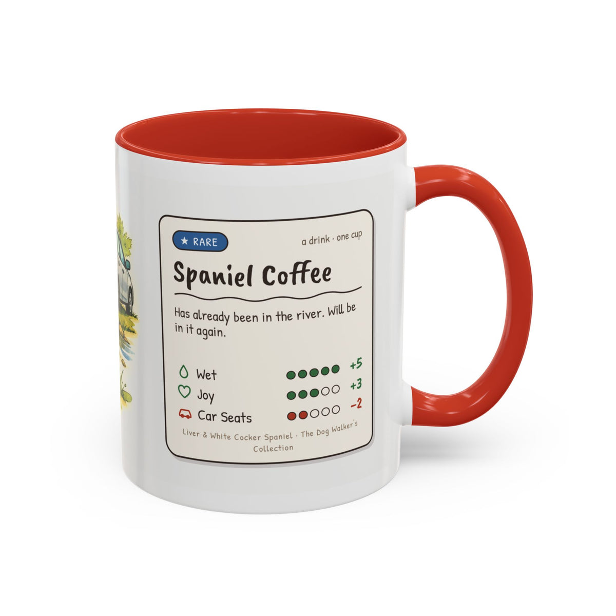 Funny liver and white cocker spaniel mug, wet spaniel and car – view 4