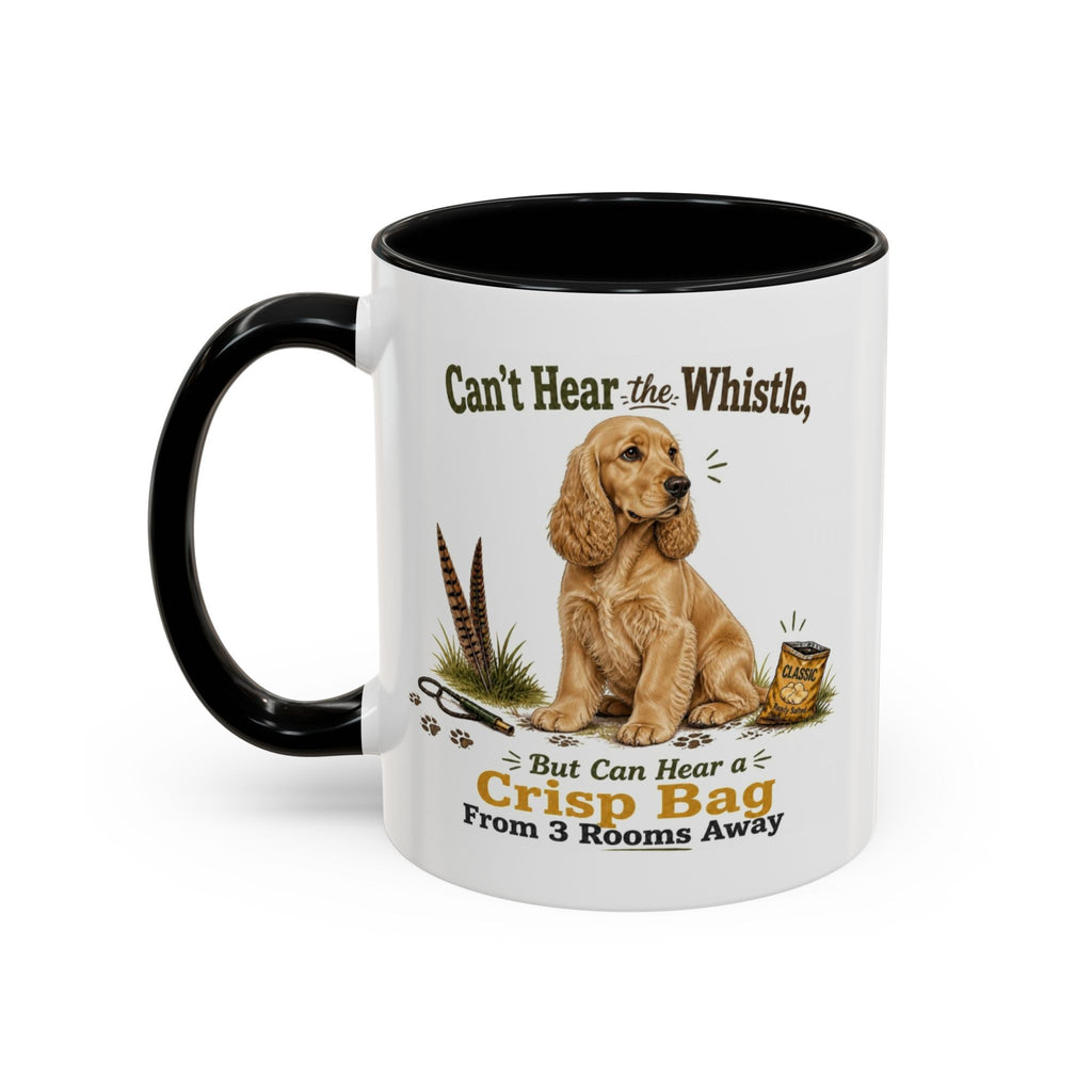 Funny Golden Cocker Spaniel Mug - Can't Hear the Whistle But Can Hear a Crisp Bag, Working Gun Dog Gift, Greedy Dog Mug, 11oz