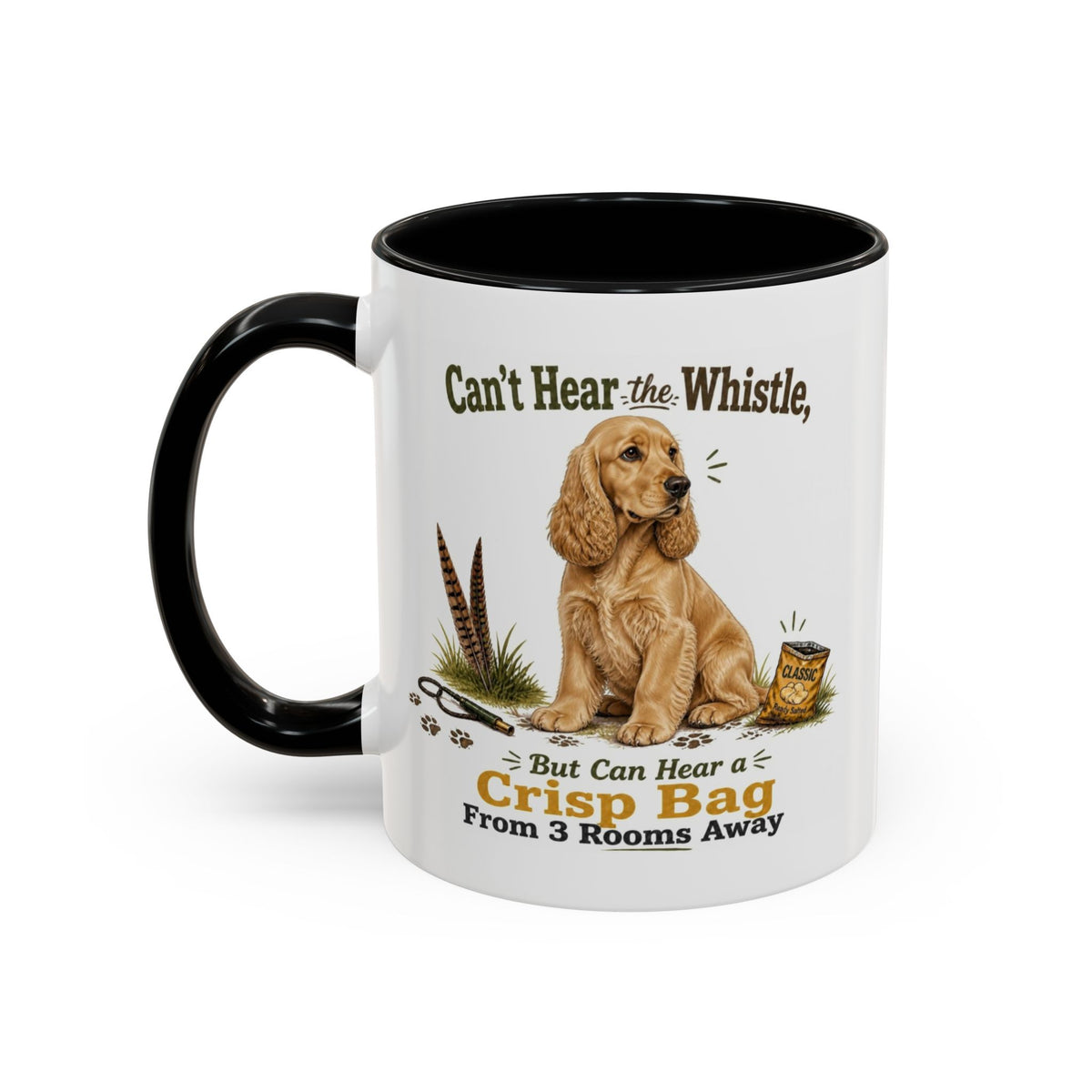 Funny Golden Cocker Spaniel Mug - Can't Hear the Whistle But Can Hear a Crisp Bag, Working Gun Dog Gift, Greedy Dog Mug, 11oz