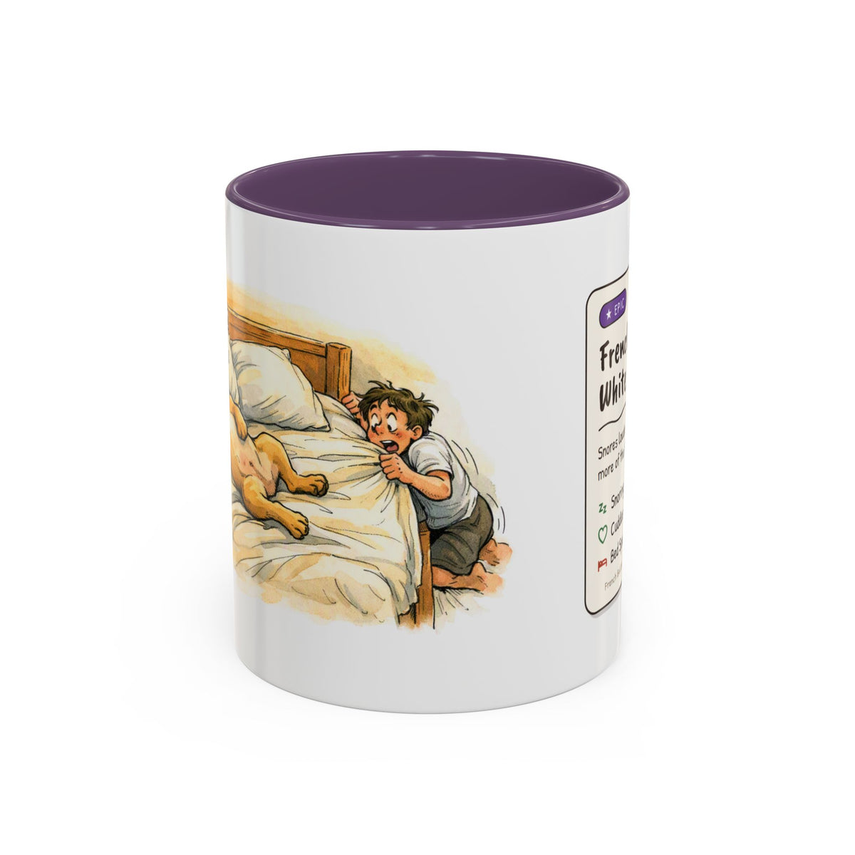 Funny French bulldog mug, snoring Frenchie hogging the bed – view 7