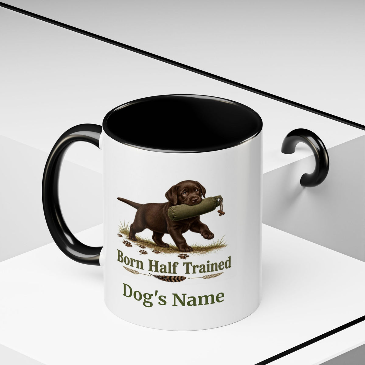 Personalised Chocolate Labrador Puppy Mug - Born Half Trained - Custom Dog Name, Training Dummy Gun Dog Gift, 11oz