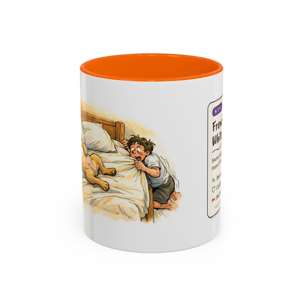 Funny French bulldog mug, snoring Frenchie hogging the bed – view 6