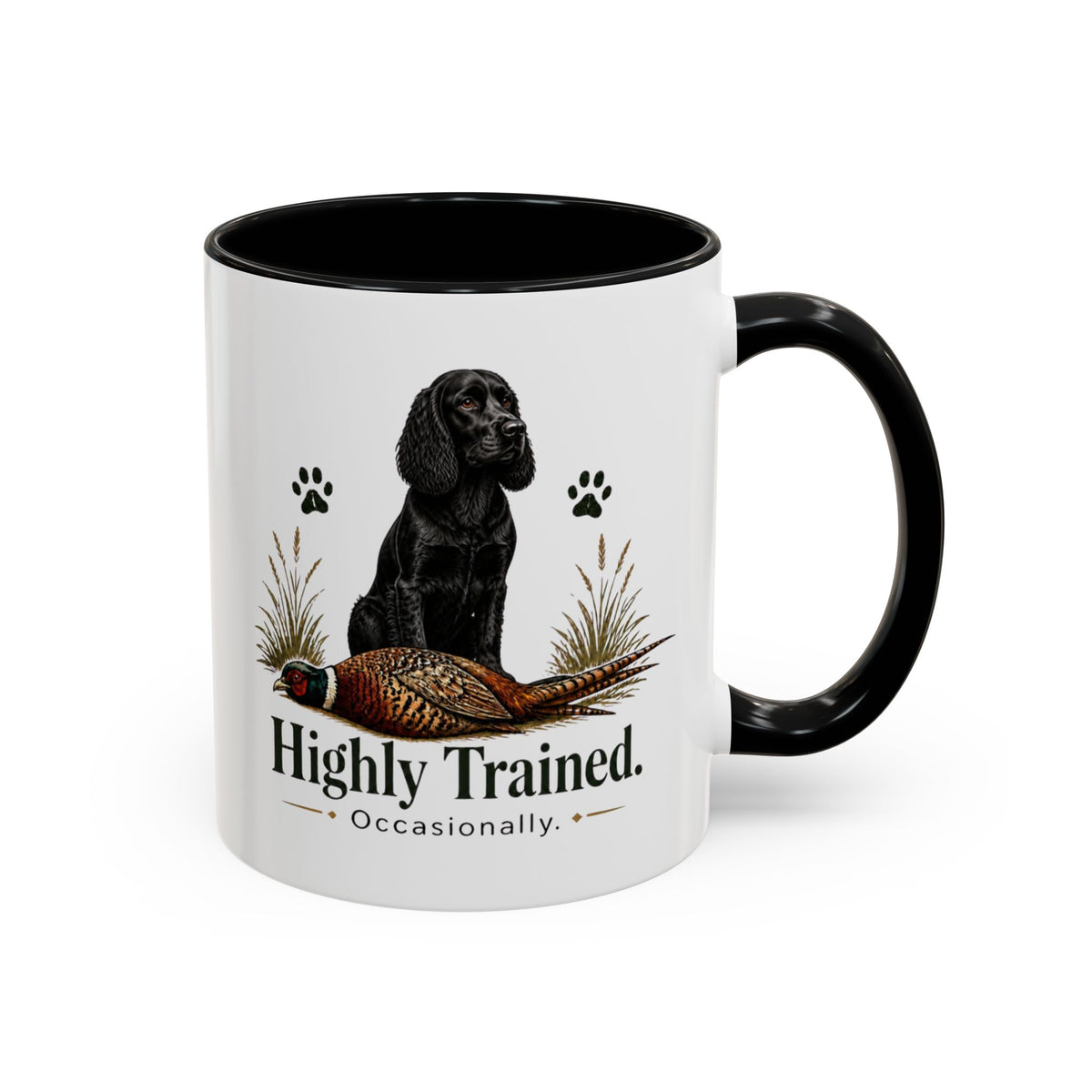 Funny Black Cocker Spaniel Mug - Highly Trained Occasionally, Gundog Owner Gift, Shooting Dog Lover Coffee Mug, 11oz