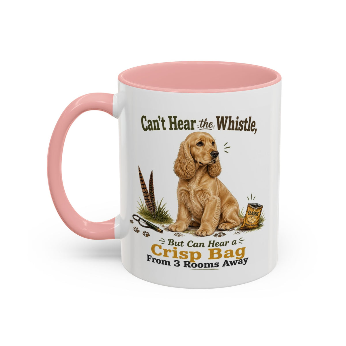 Funny Golden Cocker Spaniel Mug - Can't Hear the Whistle But Can Hear a Crisp Bag, Working Gun Dog Gift, Greedy Dog Mug, 11oz